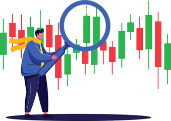 Investor analyzing stock market with magnifying glass