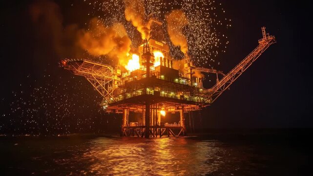 Offshore oil rig burning excess gas with a large flare at night over the ocean.