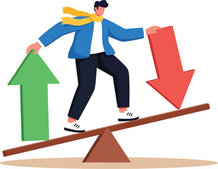 Man balancing green upward arrow and red downward arrow