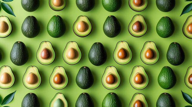 A top view of bright, fresh avocados neatly arranged in rows against a bright green background. A healthy, fresh fruit pattern 