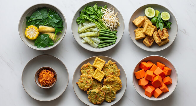 Aneka Sayuran Segar dan Lauk Tradisional Indonesia Flat Lay di Meja Putih.