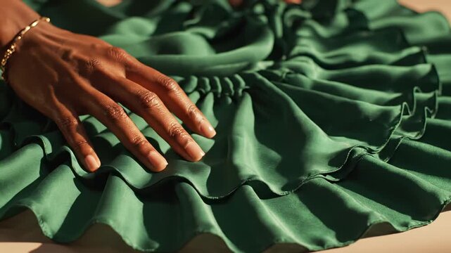 Female hand gently touching deep green satin fabric, highlighting rich texture and softness for a luxury comfort and fashion concept