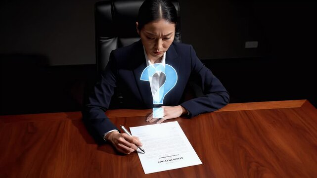 Business Professional Signing Document at Large Wooden Desk in Quiet Office