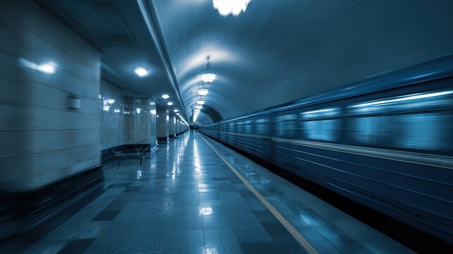 Metro Journey: The image portrays an underground railway station, where a train is in motion, blurred to showcase the dynamic aspect of travel and transit. Capturing the essence of urban commuting.