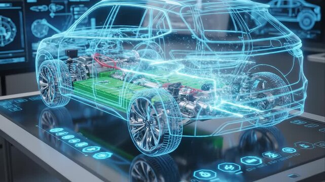 Electric vehicle design rendered as a holographic blueprint on a futuristic display.