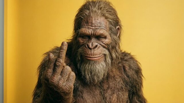 Playful bigfoot character on bright background showing middle finger combining humor pop culture reference and expressive creature portrait in contemporary studio style