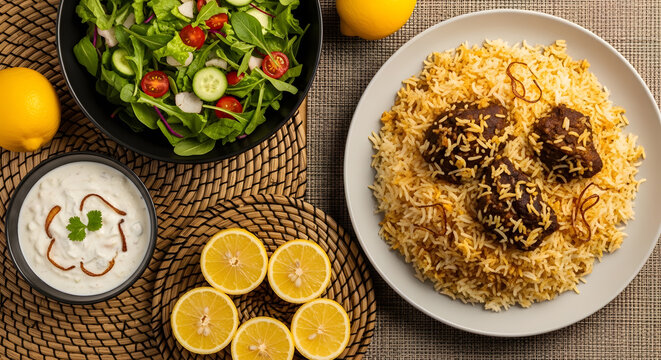 Middle eastern cuisine biryani salad yogurt and citrus fruit arrangement