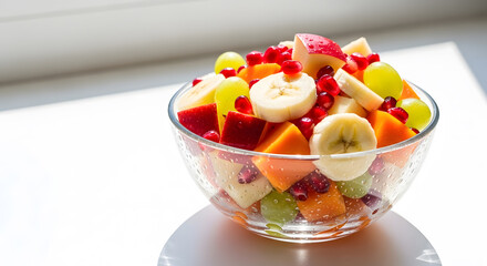 A vibrant glass bowl filled with a colorful assortment of fresh cut fruit