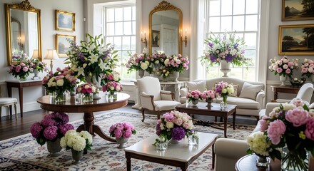Fototapeta premium Elegant living room decorated with floral arrangements and classic furniture