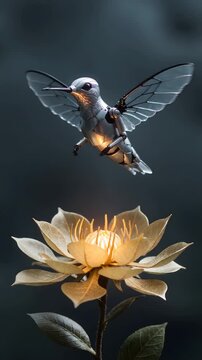 Macro Vertical Shot of Robotic Sapphire Glass Hummingbird Hovering Near Glowing Gold Fiber-Optic Data Flower