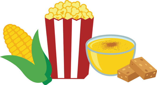 Delicious traditional Brazilian Festa Junina cultural festival food with fresh corn popcorn sweet curau pudding and peanut pacoca candy for holiday celebrations.