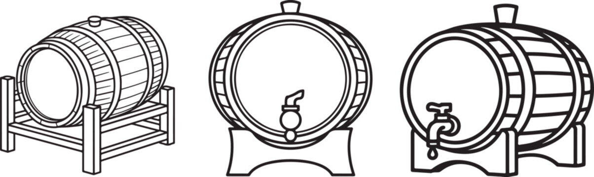 Wooden Barrel with Spigot Line Icon Set