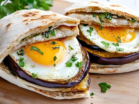 Israeli sabich sandwich featuring fried eggplant and egg, garnished with fresh herbs, served in pita bread on a wooden cutting board
