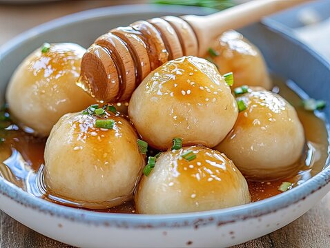 Kazakh baursak fried dough balls served in a bowl with honey drizzle and garnished with green onions, showcasing traditional cuisine and culinary presentation