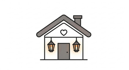 Cozy little house with heart symbol and lanterns on white background