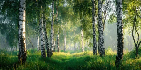 Foto auf Acrylglas Birkenhain Serene Birch Grove in Morning Sunlight: Tranquil Forest Landscape with Space for Text  © Shelley