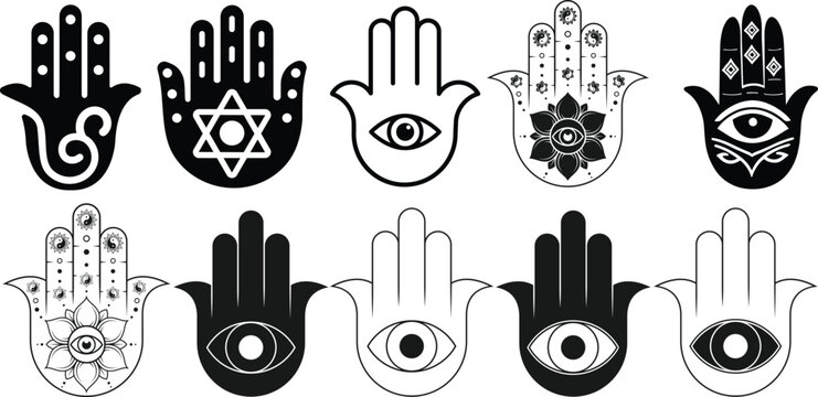 Hamsa Hand of Fatima Icons Set, Spiritual Protection Amulet and Evil Eye Silhouette Vector Collection