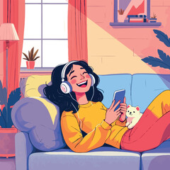 Young woman enjoying music with headphones relaxing on sofa