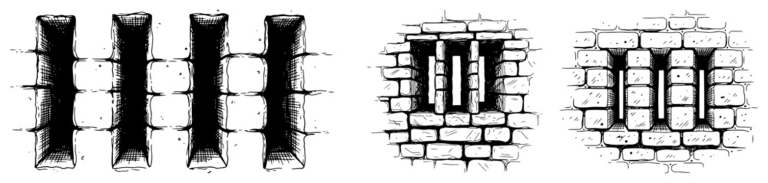 Medieval castle windows and dungeon iron bars in vintage woodcut style