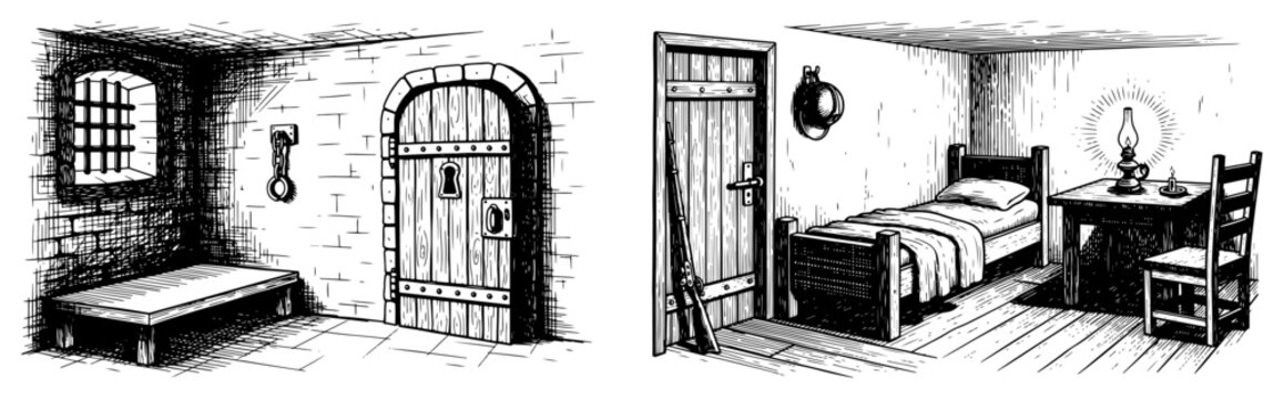 Black and white woodcut illustration of a prison cell interior and a simple rustic bedroom with a wooden bed