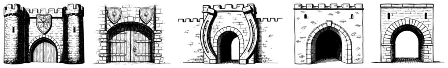 Collection of medieval castle gate designs and stone archways in vintage woodcut illustration style © Amelia