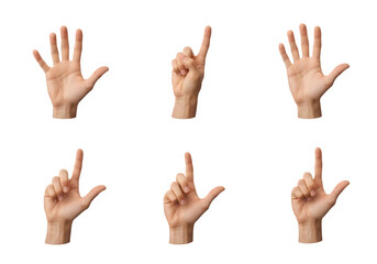 Fototapeta premium Six isolated human hands showing various counting gestures from zero to five, with a pale skin tone, on a pure white background.
