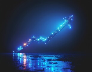 a bright blue glowing digital arrow curves upward across a dark grid background, representing exponential growth, financial success, and market trends