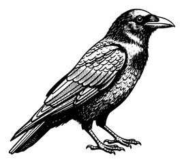 Fototapeta premium Detailed raven or crow standing in vintage woodcut engraving style