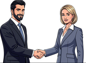 Fototapeta premium Illustration of a modern Arab businessman in a suit is shaking hands with a young blonde businesswoman, isolated on a white background.
