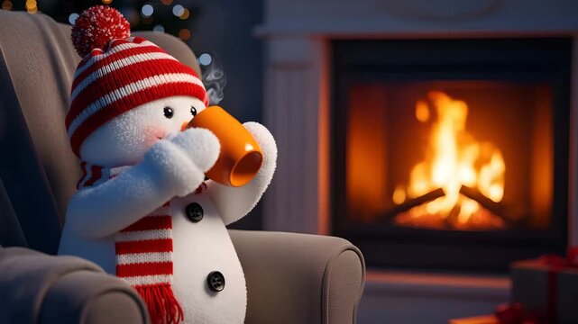 Snowman Sitting Armchair Holding Mug Near Fireplace Christmas Holiday Cozy Warm Atmosphere 4K HD high quality video.
