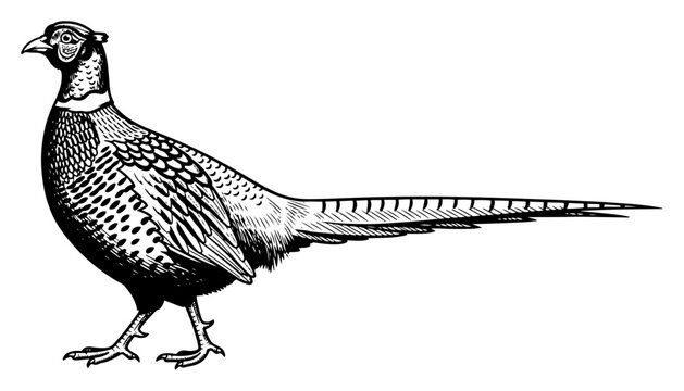 Traditional black and white woodcut of a pheasant with long tail feathers