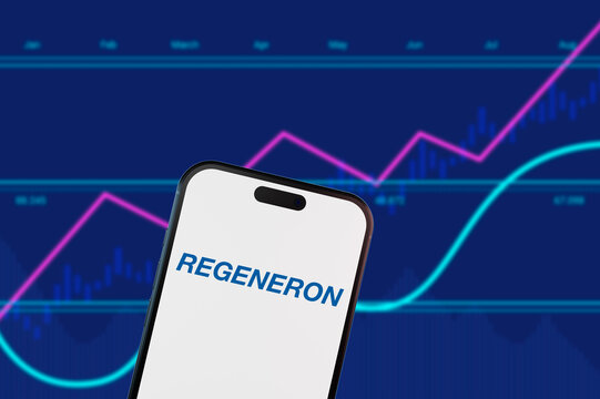 Brooklyn.New York.USA-02.13.2026:Regeneron logo on a smartphone screen over a blue stock market chart. Biotechnology and healthcare sector investment theme.