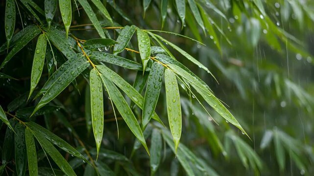 Fresh green bamboo leaves with water droplets in natural sunlight closeup 4K HD high quality video.
