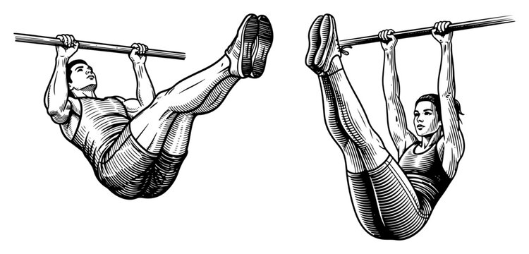 Athletic man and woman performing leg raises on a pullup bar in detailed hatching style