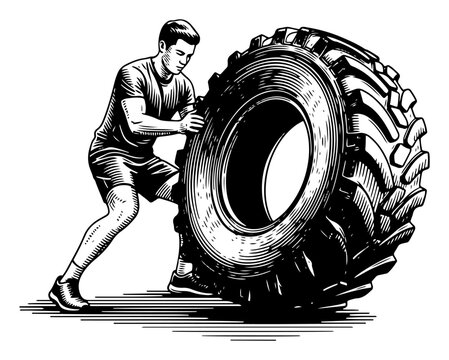 Athletic man flipping a large heavy tire in vintage woodcut style
