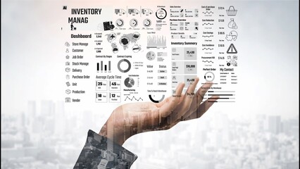 Inventory management dashboard showing supply chain performance, stock levels, order cycle times, cost reduction, and procurement ROI. Inventory tracking, and streamline warehouse efficiency. Thunk