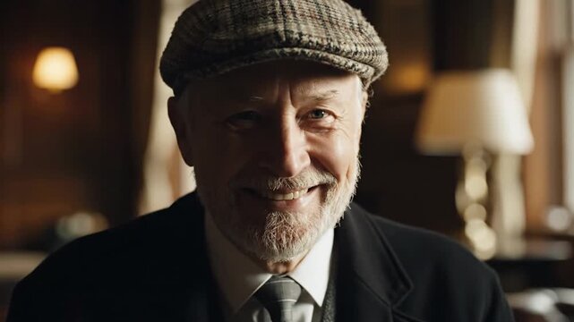 Happy senior man smiling wearing a tweed flat cap indoors