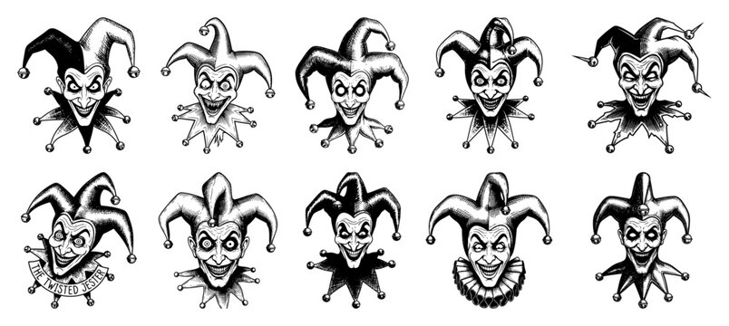 Large set of ten creepy joker and jester head icons in classic woodcut engraving style