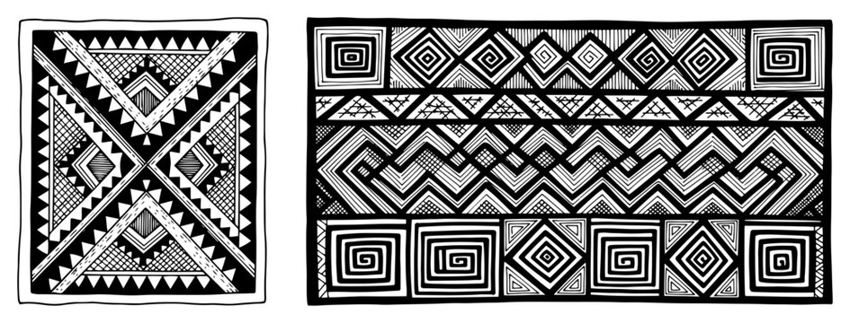 Traditional geometric ethnic pattern design with tribal motifs in black and white hand drawn style