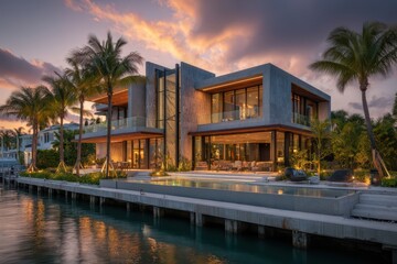 Fototapeta premium Sun-drenched waterfront manor with lush tropical grounds and private dock on Star Island