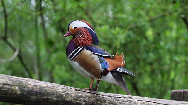 The mandarin duck, Aix galericulata is a perching duck species found in East Asia. Here at a lake in Munich, Germany