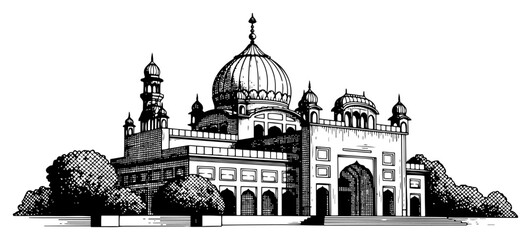 Majestic Islamic mosque architecture with large dome and minarets in monochrome drawing © Amelia