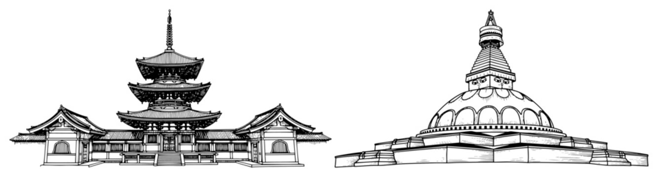 Collection of Asian religious monuments featuring a Japanese pagoda and a Buddhist stupa in line art