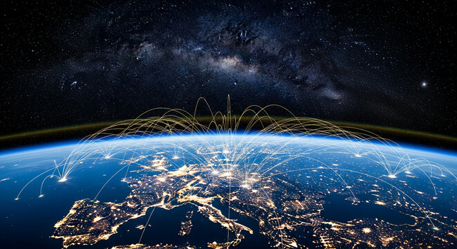 View of Earth from space at night, showing Europe illuminated with networks. Represents global connection, communication, technology advancement