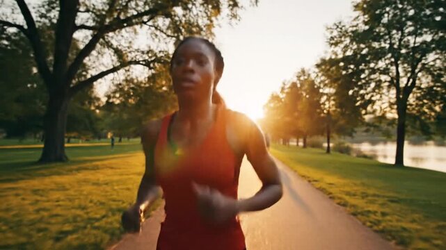Woman runs on paved path at sunrise with trees and lake background