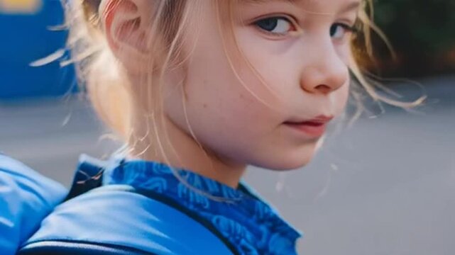 Little girl with blue backpack looking directly at camera