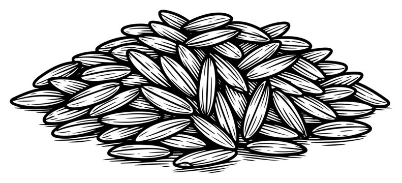 Artistic woodcut illustration of a heap of organic cereal grains or rice seeds