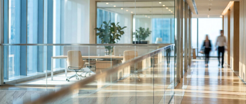 Modern Corporate Hallway with Glass Walls and Motion Blur of Walking People