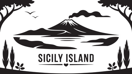 Sicily island mount etna volcano landscape with smoking crater and cypress trees vector design © fay009