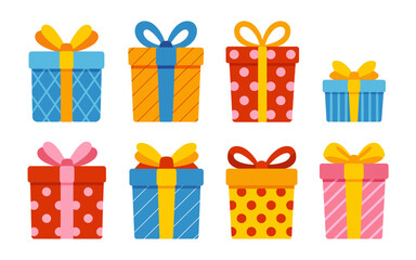 Collection of colorful flat gift boxes with ribbons and bows present birthday